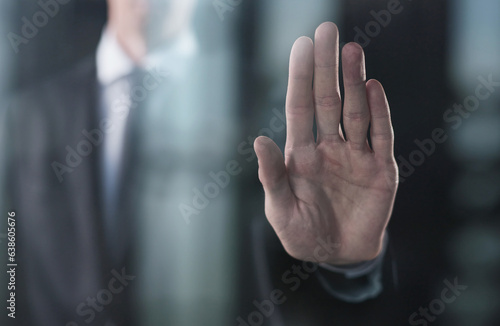 man hand stop sign, warning concept, preventing subsequent problems