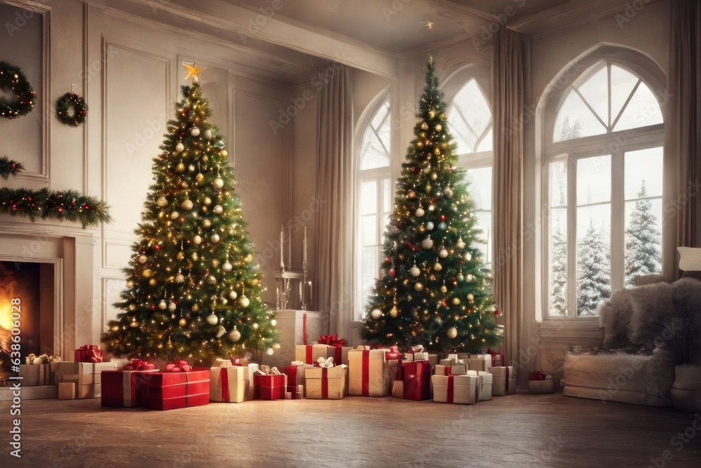 concept art christmas background with christmas tree with copy space. Christmas and new year concept. Christmas tree decorations