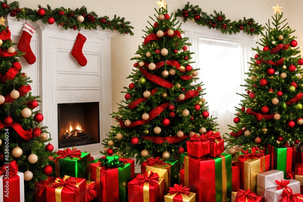 Interior christmas background with christmas tree and gifts. copy space