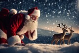 Giant santa claus with deers flying in the sky on christmas eve at night