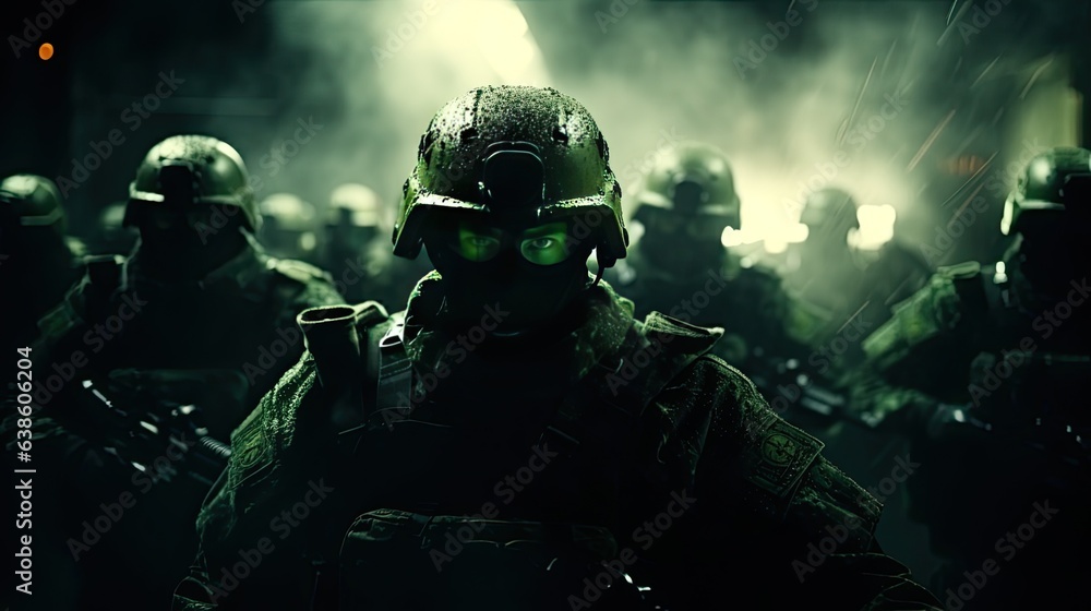 A platoon of soldiers in full combat gear stand together with weapons in their hands. Soldiers of a private military company. Brothers in Arms. participants in military conflicts. Army concept. A platoon of soldiers in full combat gear stand together with weapons in their hands. Soldiers of a private military company. Brothers in Arms. participants in military conflicts. Army concept.