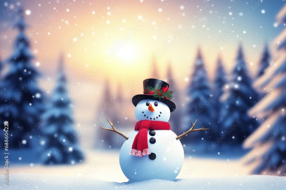Merry christmas and happy new year greeting card with copy-space. Happy snowman standing in winter christmas landscape. Beautiful sky, sun, snowflakes