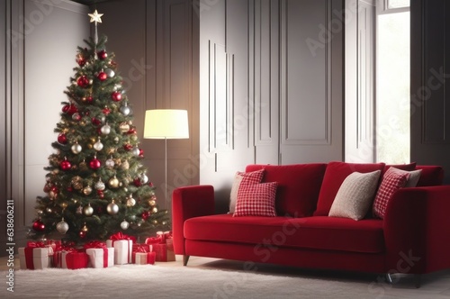 Decorative Noel and New Year interior living room concept  home style  furniture  Christmas tree. Happy new year at house concept.