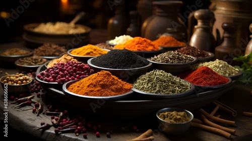 Spices of different colors and tastes. Diversity in the Indian spice market. Large selection of spices for cooking. Concept: Close-up colorful assorted savory food, generative ai