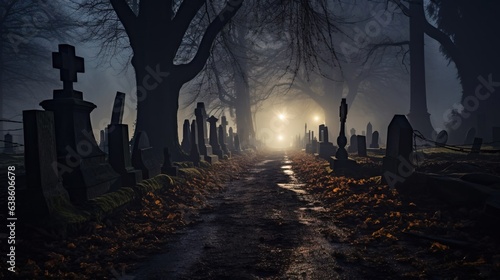 A long way in a foggy cemetery.Created using Generative AI technology.
