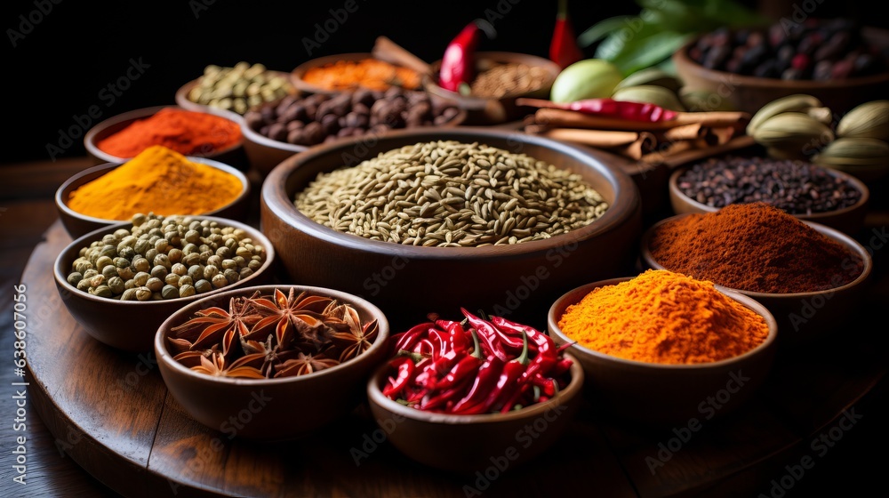 Spices of different colors and tastes. Diversity in the Indian spice market. Large selection of spices for cooking. Concept: Close-up colorful assorted savory food, generative ai