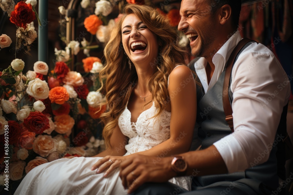 Ideal bride and groom sitting on a big fair ride wheel. Generative AI Ideal bride and groom sitting on a big fair ride wheel. Generative AI