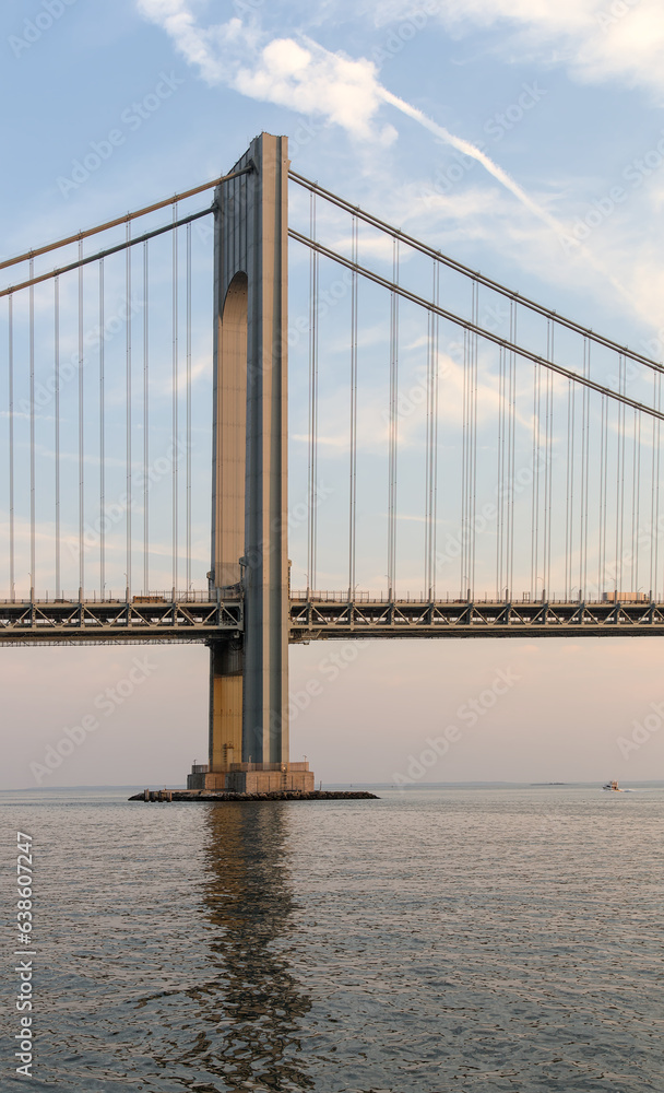 Verrazzano Narrows Bridge at sunset (suspension bridge between brooklyn, staten island in bay ridge) still water on hudson river in new york city harbor (golden hour) Verrazzano Narrows Bridge at sunset (suspension bridge between brooklyn, staten island in bay ridge) still water on hudson river in new york city harbor (golden hour)