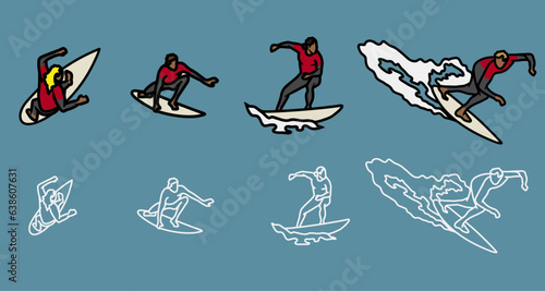 Vector surfers, surfing characters riding surfboards in competition rash vests