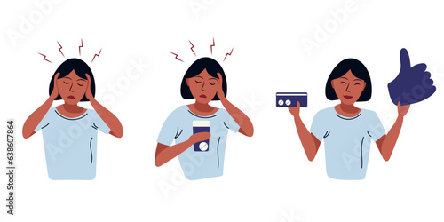 Woman suffers from headaches and takes pills. Ache relief by painkiller, advertising medicine. Vector illustration 