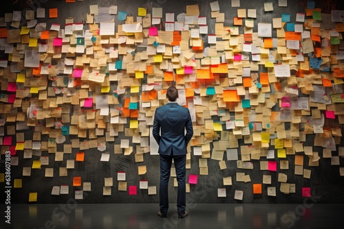 a man in business clothes standing with his back turned in front of a huge wall with sticky notes, cutouts and threads connecting the information. Detective investigative work in finance or business