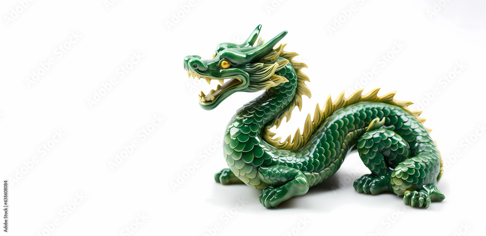 green, ceramic dragon on a white background, space for text, illustration, symbol of the new year 2024 green, ceramic dragon on a white background, space for text, illustration, symbol of the new year 2024