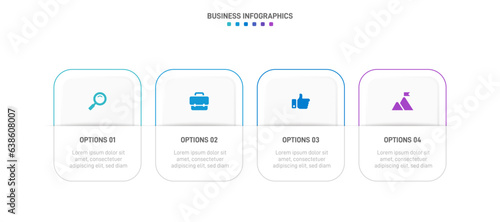 Timeline infographic with infochart. Modern presentation template with 4 spets for business process. Website template on white background for concept modern design. Horizontal layout.