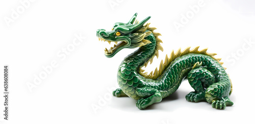 green, ceramic dragon on a white background, space for text, illustration, symbol of the new year 2024