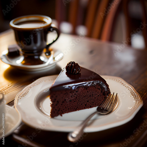 Tasty Sacher cake on ceramic plate in restaurant photo