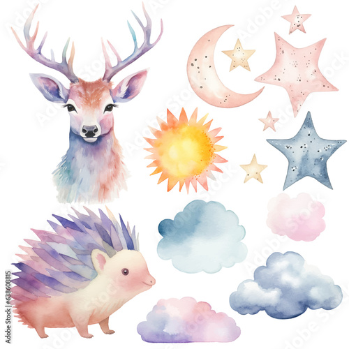 Watercolor cute bunny and elephant set. Vector clip art image with hand drawn nursery elements, wall stickers.