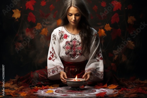 an older woman fortune teller in the ethnic traditional embroidered shirt and clothes outdoors surrounded by falling autumn leaves, red and black color palette
