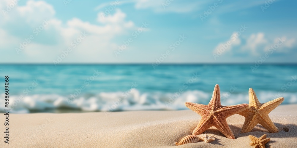 starfish on the beach, space for text or your product. Generative AI starfish on the beach, space for text or your product. Generative AI
