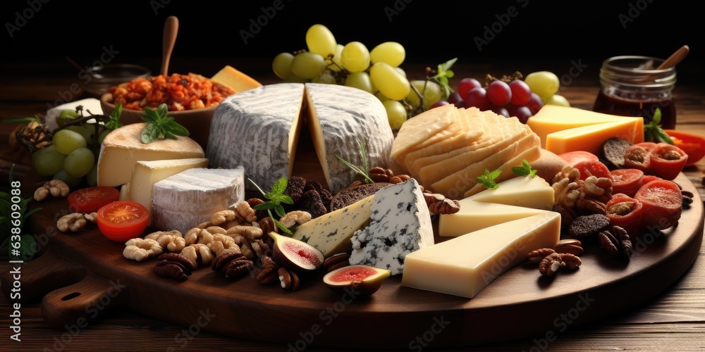various cheeses and fruits on wooden table, appetizing snacks. Generative AI