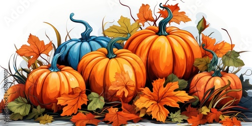 Watercolor composition of pumpkins and autumn leaves. Composition of Halloween. Generative AI