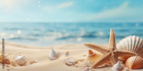 starfish on the sand against the backdrop of a wave. Generative AI