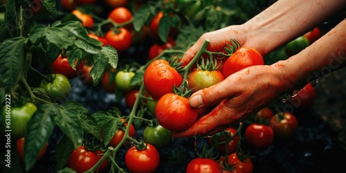 Picking tomatoes an eco-friendly organic farm. Tomatoes in the hands of a farmer. Generative AI