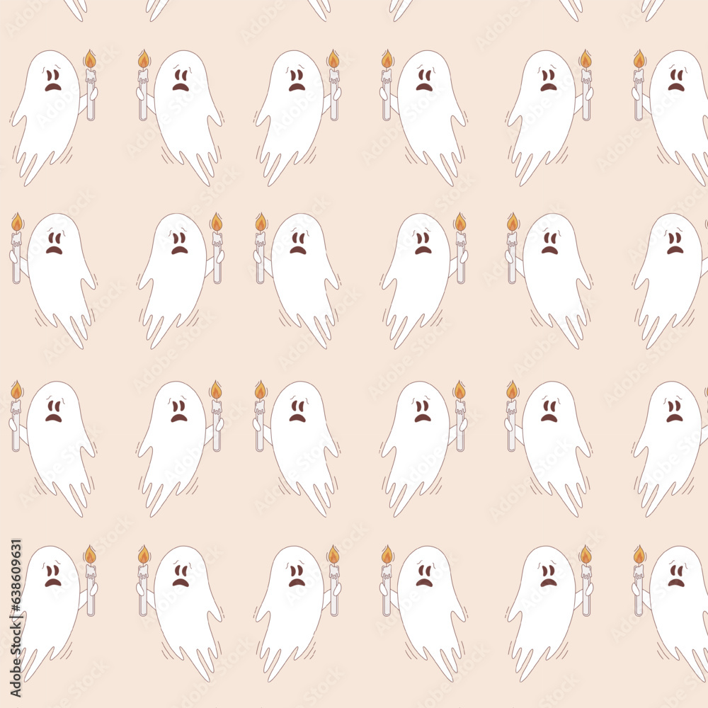 Halloween vector seamless pattern. Flying scared ghost with candle in retro style.