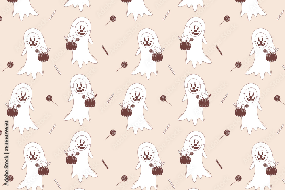 Halloween vector seamless pattern. Ghost in creepy clown mask with pumpkin basket full of candies in retro style.