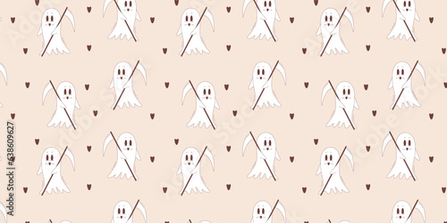 Halloween vector seamless pattern. Grim reaper ghost in retro style.