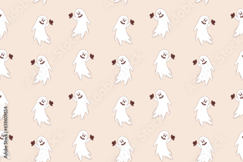 Halloween vector seamless pattern. Flying ghost with bowler hat in retro style.