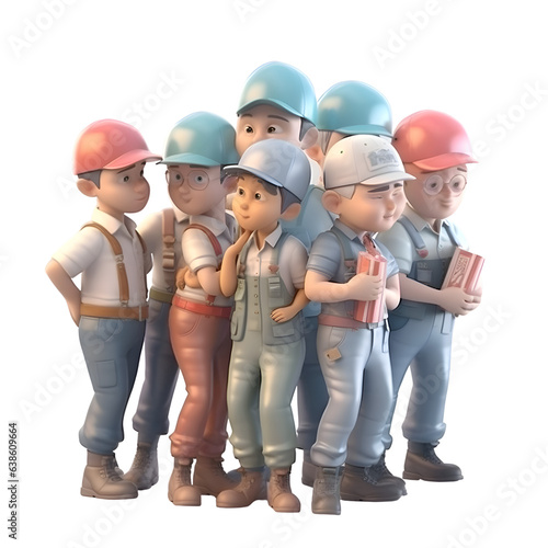 3D rendering of a group of construction workers on a white background