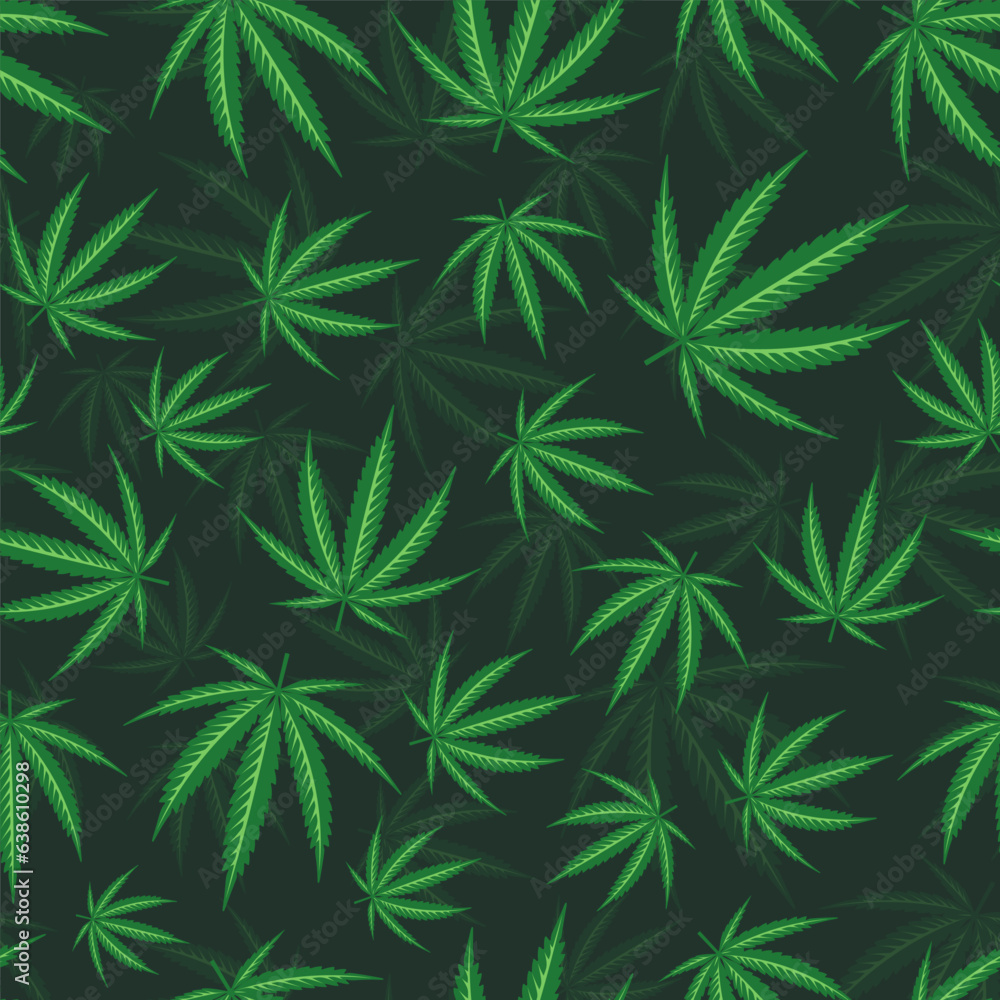 Seamless Layered Pattern of Green Marijuana Leaves Over Dark Background