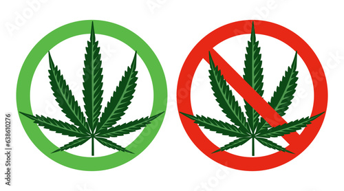 Hemp Leaf in Green Round Sign and Inside Red Prohibition Sign. Stop and Legalize Marijuana Concepts