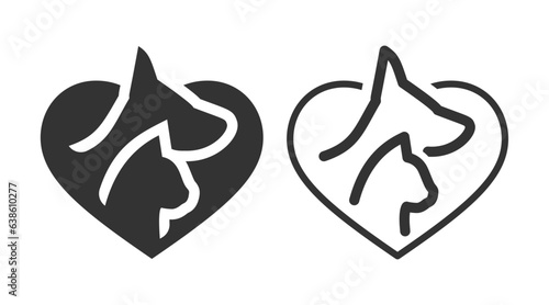 Vector Icon of Pet Care Concept in Glyph and Outline Style. Cat and Dog in Heart Shape