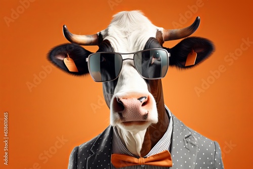A portrait of a funky bull cow with horns wearing sunglasses, funky professor jacket, a butterfly on a seamless orange background