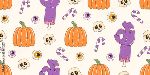 Colorful seamless pattern on halloween theme. Retro cartoon elements and characters. Zombie hand, pumpkin, candy, skull. Contemporary vector background.