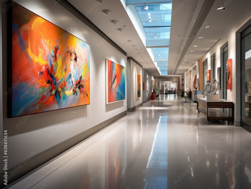 A gallery, a long hallway with paintings on the walls. Generative AI. A gallery, a long hallway with paintings on the walls. Generative AI.