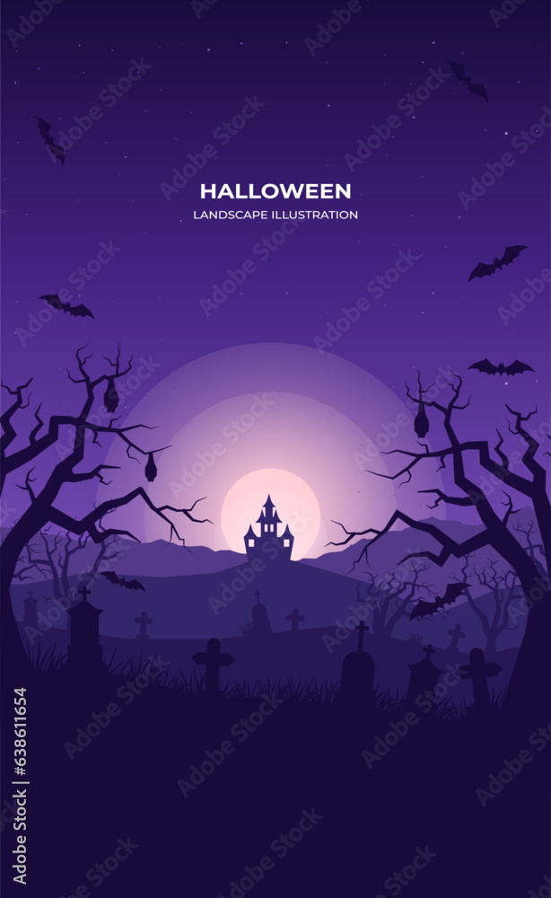 Halloween castle and headstones silhouette silhouette landscape vertical illustration. Landscape illustration of tree tombstones and castle on hill. Landscape illustration for poster, banner