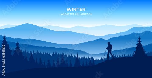 Winter skiing silhouette landscape vector panoramic illustration. Landscape illustration of skis on the background of snowy mountains. Landscape illustration for poster, banner.