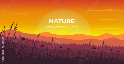 Summer sunset grass silhouette landscape panoramic illustration. Landscape illustration of mountain view with grass in foreground. Landscape illustration for poster, banner