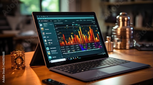 Laptop screen with financial dashboard, multiple charts and graphs. Generative AI