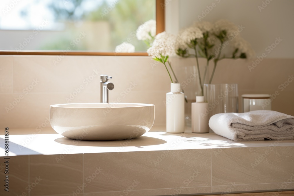 Fototapeta premium A bathroom sink sitting under a window next to a vase of flowers. Generative AI.