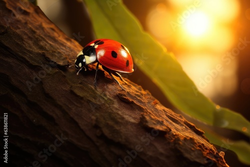 Ladybug on a branch with water droplets at sunset in the forest.