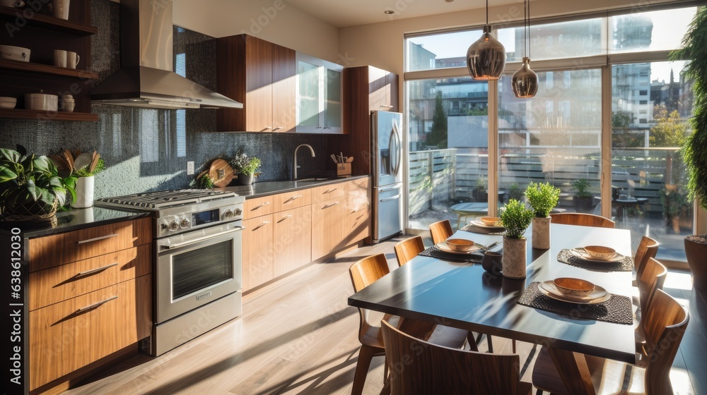 A kitchen with a table and chairs in it. Generative AI. A kitchen with a table and chairs in it. Generative AI.