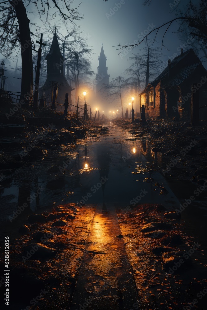 Mysterious muddy village road in a foggy night. Halloween concept. ghost town. haunted place, generative AI Mysterious muddy village road in a foggy night. Halloween concept. ghost town. haunted place, generative AI