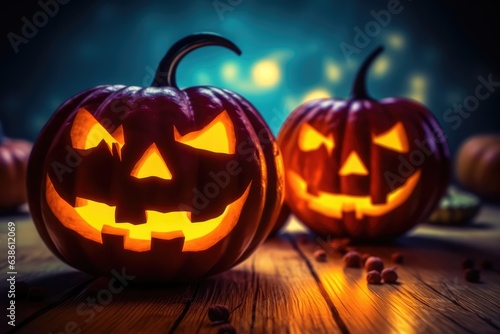 Halloween pumpkin head jack lantern on wooden table with bokeh background, halloween concept. generative AI