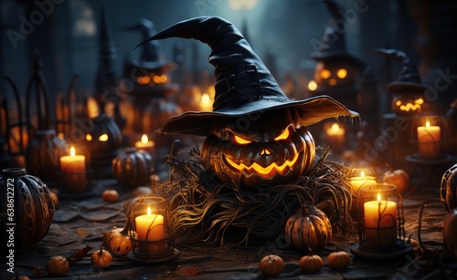 Halloween pumpkin with witch hat and candles on dark toned background, spooky and scary halloween background. generative AI