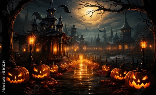 Illustration of Halloween background, old town with haunted house, full moon, glowing pumpkins and witch's house. generative AI