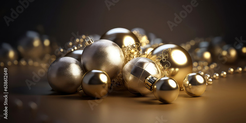 Close up of golden christmas balls or bauble with confetti, decoration, for branches, lights, bokeh. Christmas and New 2024 year card. Holidays background with copy space. Generative ai.