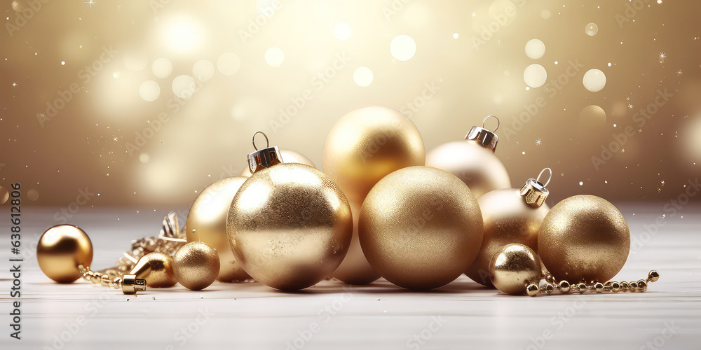Close up of golden christmas balls or bauble with confetti, decoration, for branches, lights, bokeh. Christmas and New 2024 year card. Holidays background with copy space. Generative ai. Close up of golden christmas balls or bauble with confetti, decoration, for branches, lights, bokeh. Christmas and New 2024 year card. Holidays background with copy space. Generative ai.